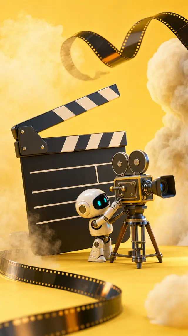 3D cartoon clapperboard and film camera on a yellow set with a small robot assistant